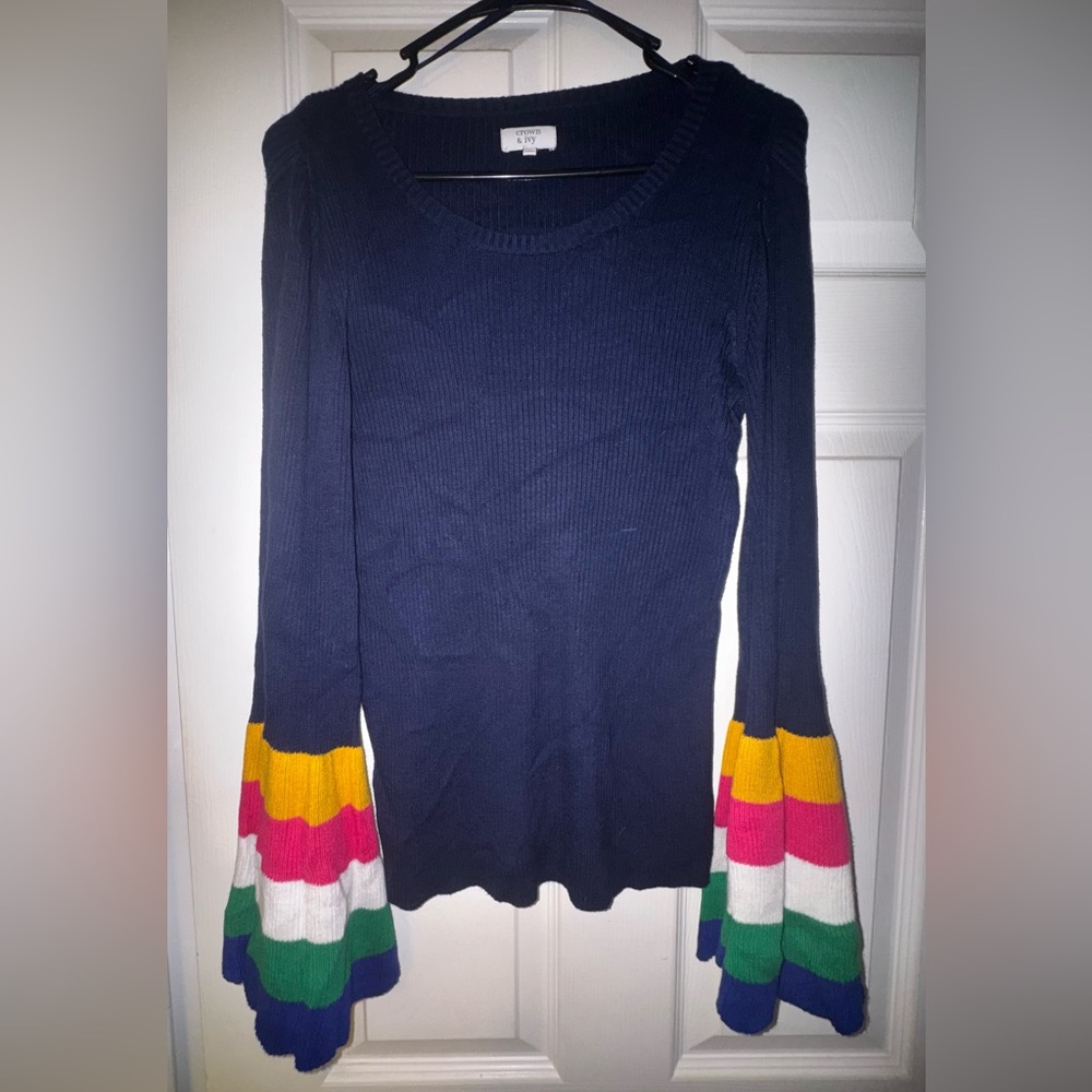 Crown & Ivy Navy Knit Sweater with Colorful Bell Cuffs